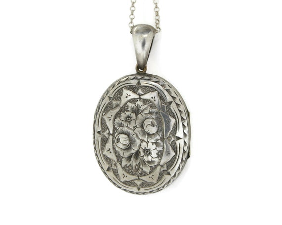 Large Sterling Silver Victorian Locket Necklace