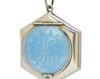 Sterling Silver Art Deco Blue Guilloche Enamel Antique Compact Pendant