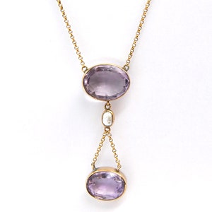 Antique 9ct Gold, Amethyst & Pearl Drop Necklace | Edwardian Negligee Lavalier