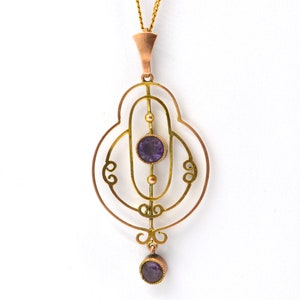 Antique 9ct Gold Amethyst Pendant On A 9ct Chain | 9k Edwardian Lavalier Necklace