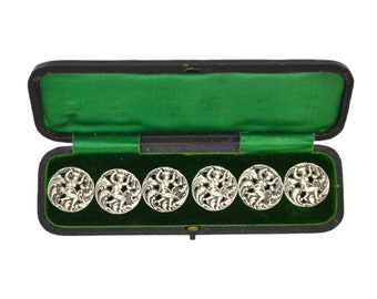 Antique Edwardian Sterling Silver Large Art Nouveau Cherubs Buttons , Set Of Six In Original Box