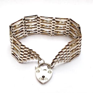 Vintage breites 7 Bar Sterling Silber Tor Armband mit Herzschloss