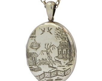 Large Victorian Sterling Silver Chinoiserie Locket On A Chain