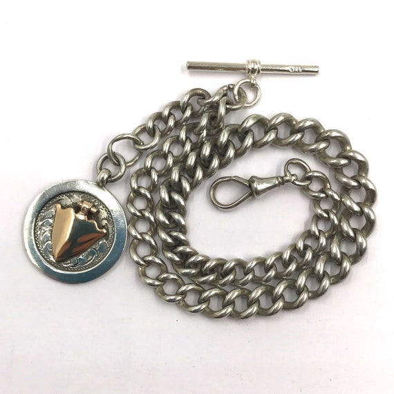 Heavy Sterling Silver Double Albert Pocket Watch Chain with Fob