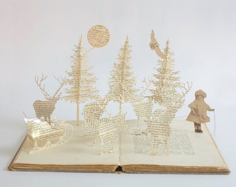 Christmas book sculpture || Christmas book art || altered book lover gift mixed media art Christmas book magical Christmas decor