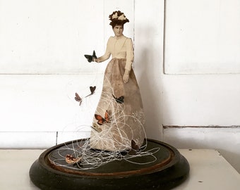 SOLD || MADAME BUTTERFLY || unique narrative artwork paper sculpture paper art mixed media art altered cabinet card art butterfly art