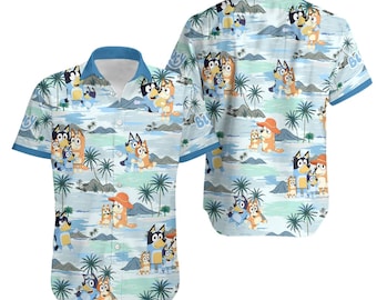 Bluey Summer Family Hawaiian Shirt | Bluey and Bingo Beach Hawaiian Shirt | Bandit Heeler Chilli Heeler Hawaii Shirt | Blue Dog Shirt