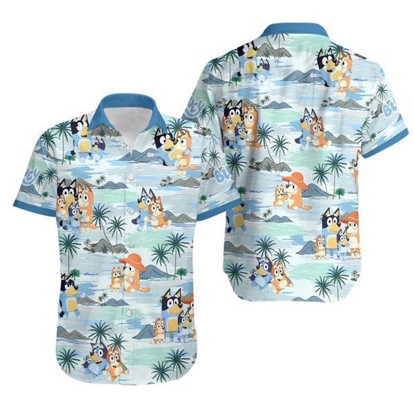 Bluey Summer Family Hawaiian Shirt | Bluey and Bingo Beach Hawaiian Shirt | Bandit Heeler Chilli Heeler Hawaii Shirt | Blue Dog Shirt