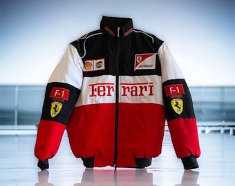 F1 Ferrari jas, Ferrari bommenwerper jas stijl Formule 1 Racing ZELDZAME bommenwerper jas F1 Y2K, wit en zwart, jaren 90 streetwear geborduurd