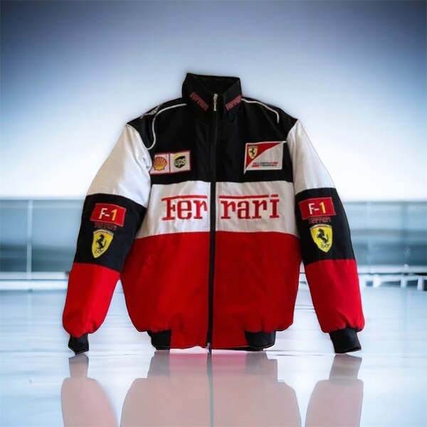 Veste Ferrari F1 , Ferrari Bomber Jacket Style Formule 1 Racing RARE Bomber Jacket F1 Y2K , Blanc et Noir, Streetwear des années 90 Brodé