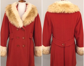 winter designer hippie urban orange 1970s Vintage Retro Hooded Coat....swishy tan rocker fashion 70s hipster 60s fall fancy