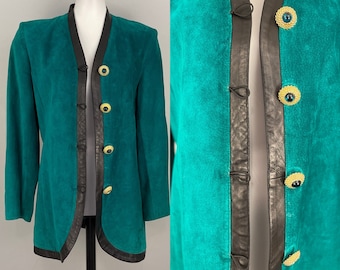 Vintage Suede Leather Jacket Blazer Danier Emerald Green Leather Coat 80s Winter Blazer Outwear Suede Jacket Jewel Tone 1980s Medium M