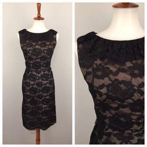 50s 60s Black Lace Dress XS Carol Brent Cocktail Short Wedding Dress Pencil Straight Sleeveless 1950s Vintage Clothing Women Gothic Clothing