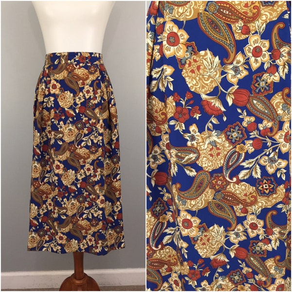 90s Midi Skirt Leaf Print Skirt Paisley Floral Print Full Skirt 30" Waist Royal Blue Rust Fall KORET 1990s Vintage Size 12 Medium M Large L
