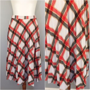 70s Plaid Skirt 1970s Knit Midi Skirt Pleated Academia Preppy Kilt Skirt A Line Elastic Waist Orange Red Blue Plaid Vintage Small S Medium M