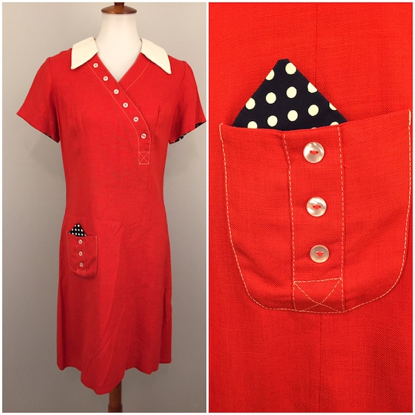 1960s Red Sailor Dress Mod Scooter Nautical 60s Dagger Collar Red White Blue Polka Dots Short Sleeve Linen Color Block 1960s Vintage Small S