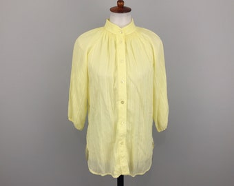 70s Yellow Peasant Top Yellow Blouse Smocking Mandarin Collar Pastel Smocked Button Up Cottagecore Hippie Boho Vintage Clothing Large L