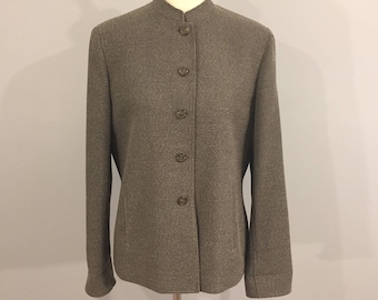Vintage Tweed Jacket Tailored Blazer Olive Green Cardigan Jones New York Mandarin Collar Suit Jacket Minimal Vintage Size 10 Medium M