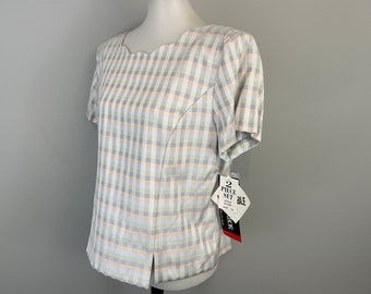 Y2K Pastel Top Check Blouse Plaid Button Up Back Top Professional Short Sleeve Blouse 2000s Scalloped 00s Deadstock Vintage Size 14 Large L