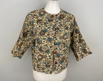 60s Cropped Jacket Vintage Mod Jacket Floral Cardigan Jackie O 3/4 Sleeves Bohemian Hippie Rockabilly 1960s Button Up Medium Large M L
