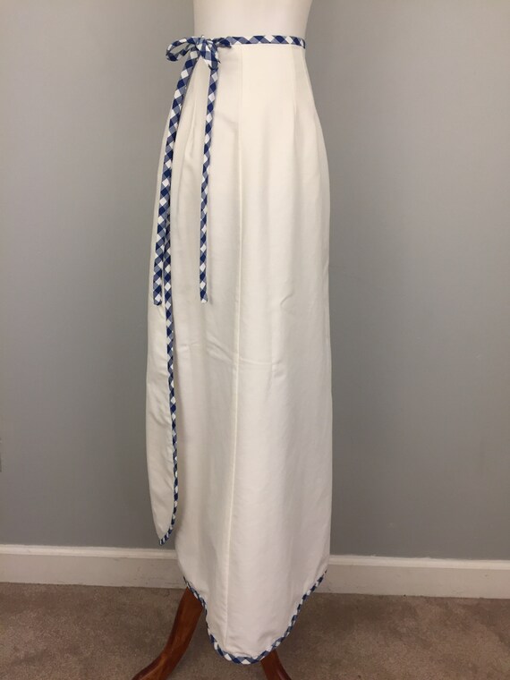 White Wrap Skirt 70s White Maxi Skirt Blue Gingham Ap… - Gem