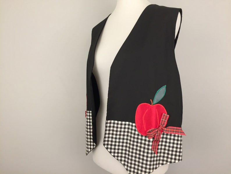 Teachers Gift Novelty Vest Red Apples Black White Check Plaid Applique 1X Women Plus Size Clothing Back to School Teacher Clothing Christmas