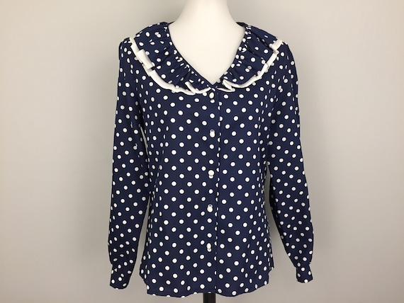 Navy Blue Polka Dot Blouse 70s Ruffled Collar Secr