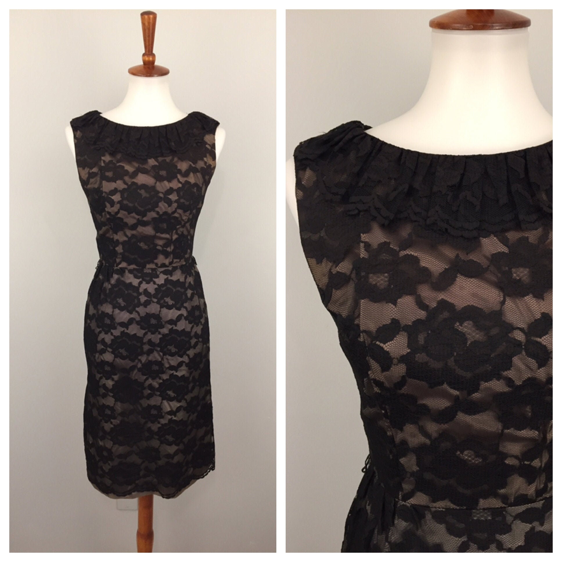 60s Cocktail Dress Black Lace Pink Bow