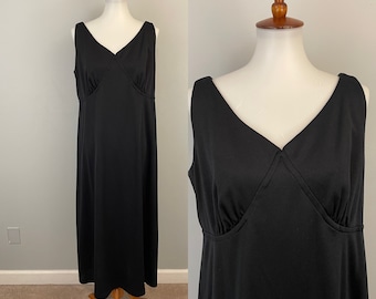 70s Black Knit Maxi Dress 1970s Black Sundress Black Tank Dress Sleeveless A Line Shift V Neck Simple Minimal Vintage Large XL L Extra Large