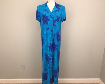 Vintage 90s Hawaiian Maxi Dress Blue Floral Dress Long Summer Dress Tropical Turquoise Short Sleeve Button Up Shift Rayon Size 8 Medium M