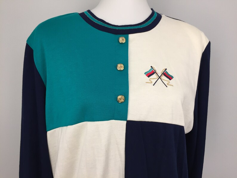 90s Long Sleeve Top Preppy Nautical NWTS Clothing New Vintage Green Navy Blue White Color Block 1990s Plus Size Vintage Size 18 Women
