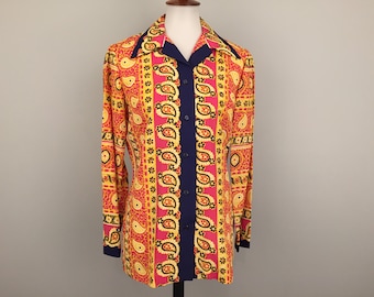 VINTAGE Psychedelic Shirt Alex Colman Bohemian Blouse 80s Floral Hippie Top Long Sleeve Button Up Stripe Mod Flower Power 1980s Medium M