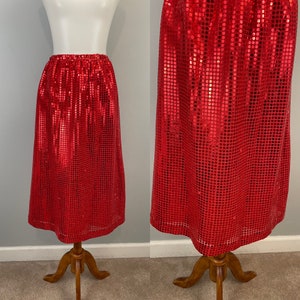 Könnte beinhalten: Roter Paillettenrock auf einer Schaufensterpuppe. Der Rock ist knielang mit einem elastischen Bund. Die Pailletten sind eng aneinandergereiht und erzeugen einen schimmernden Effekt. Der Rock wird auf einem Holzständer gezeigt.
