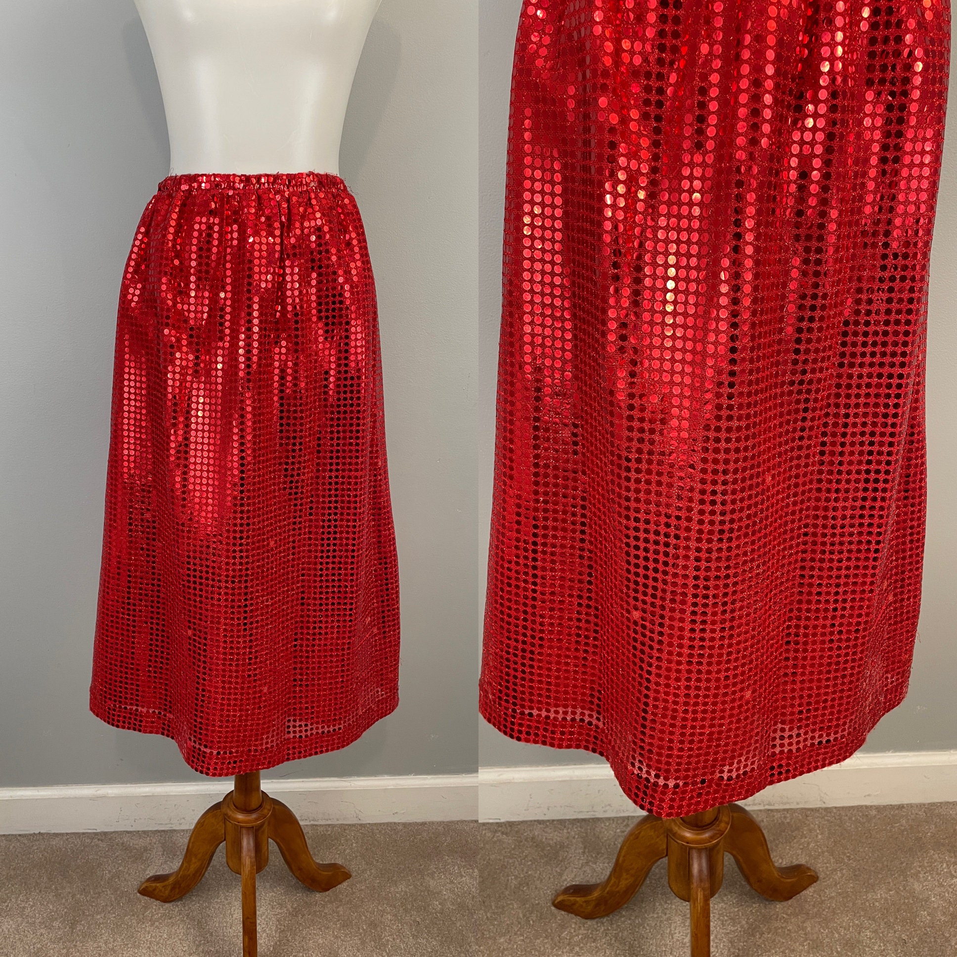 Red Sequin Skirt Vintage Pin Up Costume Cosplay Play Theater Red Skirt Midi Straight 4th of July Sparkly Elastic Waist Medium Large S M L