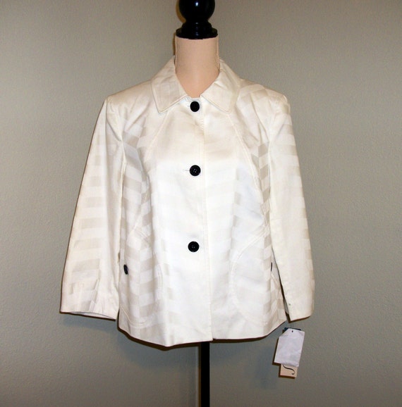 Jones New York White Jacket Short Swing Coat Large Womens Size 12 Nwts Cream Black White Bias Stripe Loose Clothing Women Tailored Jacket