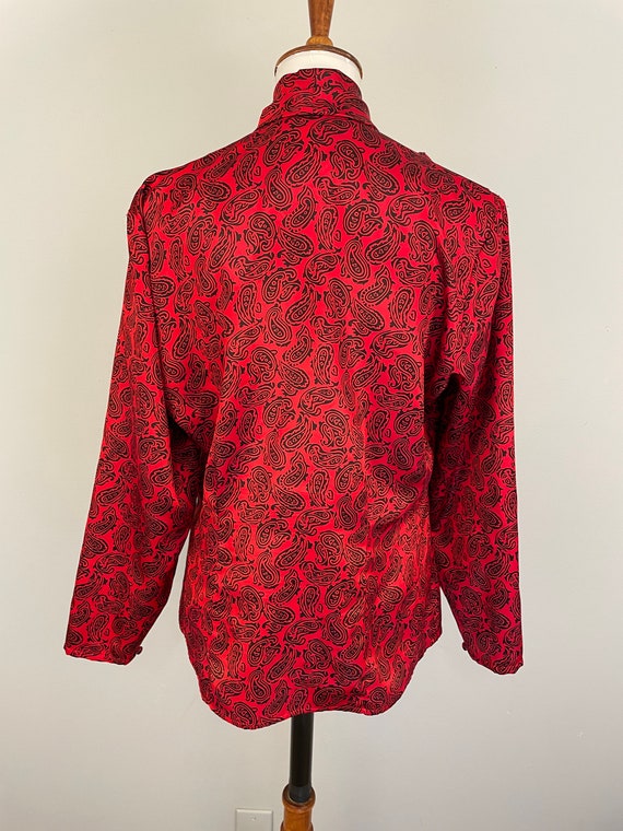 Vintage 80s Red Satin Blouse Paisley Print Dressy… - image 5
