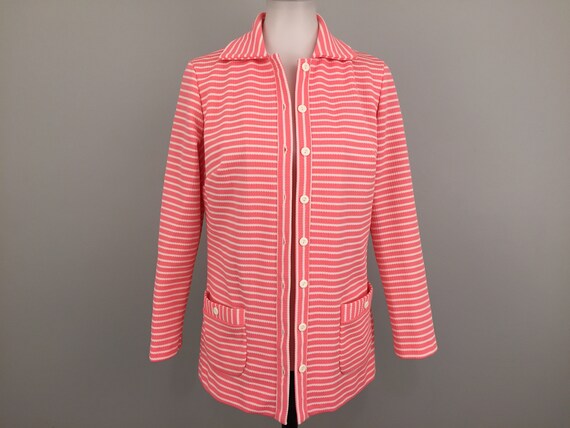 70s Knit Cardigan Shirt Jacket Button Up Pink and… - image 1