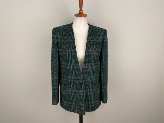 Emerald Green Plaid Blazer Vintage Plaid Jacket Plaid Wool Blazer  Houndstooth Kasper Suit Jacket Preppy 1980s Vintage Size 4 Petite Small S 
