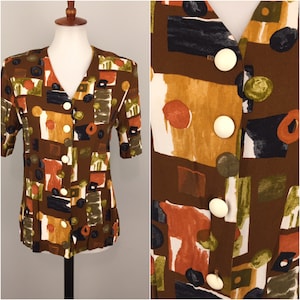 70er Psychedelic Abstrakt Blazer Jacke Geometrisch Bluse Mod Top Boho Braun Gold Rost 80er Knopfleiste 1970er Jahre Vintage S M