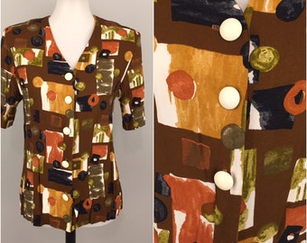 70s Psychedelic Abstract Blazer Jacket Geometric Blouse Mod Top Bohemian Brown Gold Rust 80s Button Front 1970s Vintage Small Medium S M