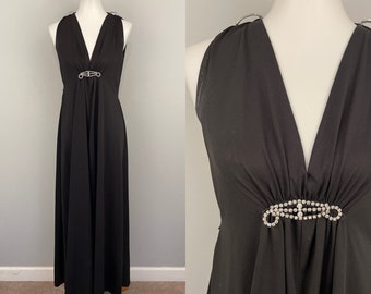 70s Black Maxi Dress Grecian Long Black Evening Gown Sleeveless Hostess Dress Rhinestone Plunge V Neck Floor Length 1970s Vintage Small S