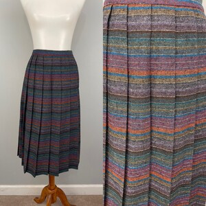 70s Striped Wool Midi Skirt 80s Vintage High Waist Pleated Skirt School Girl Skirt Multicolor Purple Teal Blue Rust Office 1980s M Medium