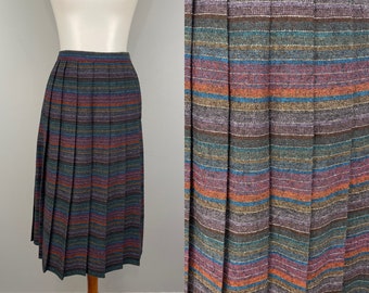 70s Striped Wool Midi Skirt 80s Vintage High Waist Pleated Skirt School Girl Skirt Multicolor Purple Teal Blue Rust Office 1980s M Medium