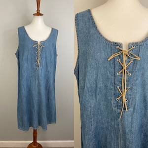 Denim Sundress Y2K Lace Up Denim Dress 90s Jumper Dress Tunic Sleeveless Blue Jean Dress Cotton Sun Dress Faded Glory Vintage Size 18 1X