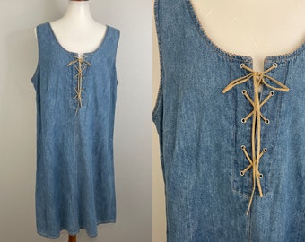 Denim Sundress Y2K Lace Up Denim Dress 90s Jumper Dress Tunic Sleeveless Blue Jean Dress Cotton Sun Dress Faded Glory Vintage Size 18 1X