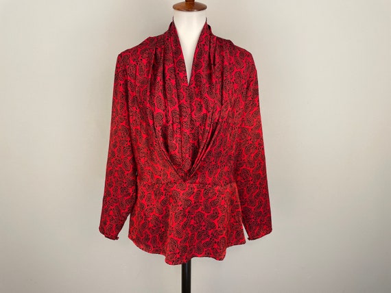 Vintage 80s Red Satin Blouse Paisley Print Dressy… - image 1