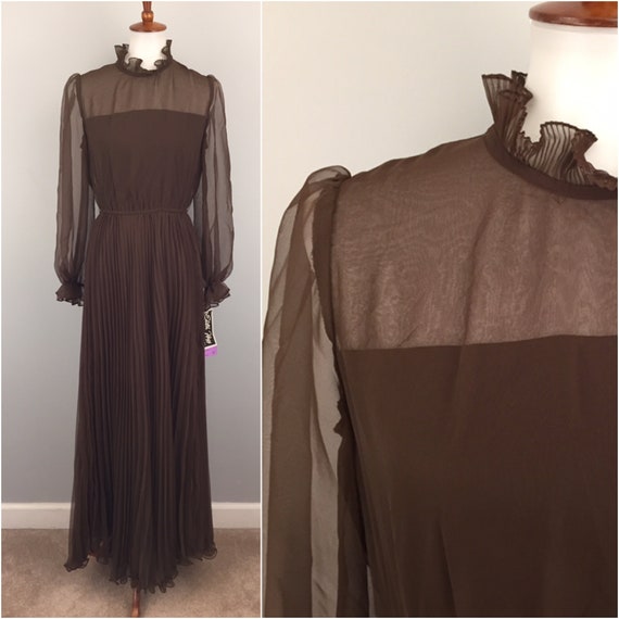 1970s Edith Flagg Brown Chiffon Dress High Neck Ru