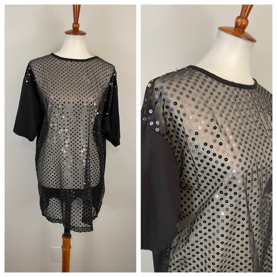 90s Black Sheer Sequin Top Swim Cover Up Beach Co… - image 1