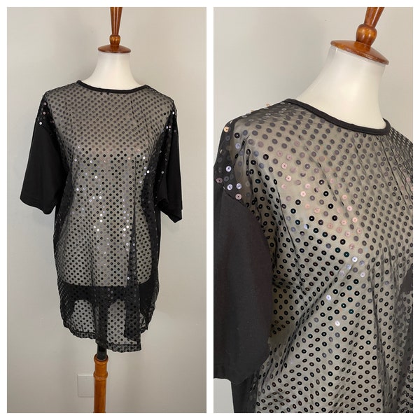 90s Black Sheer Sequin Top Swim Cover Up Beach Cover Up Swimsuit Cover-up See Through Top Mesh Net Black Cover Up Vintage Large L XL 1X