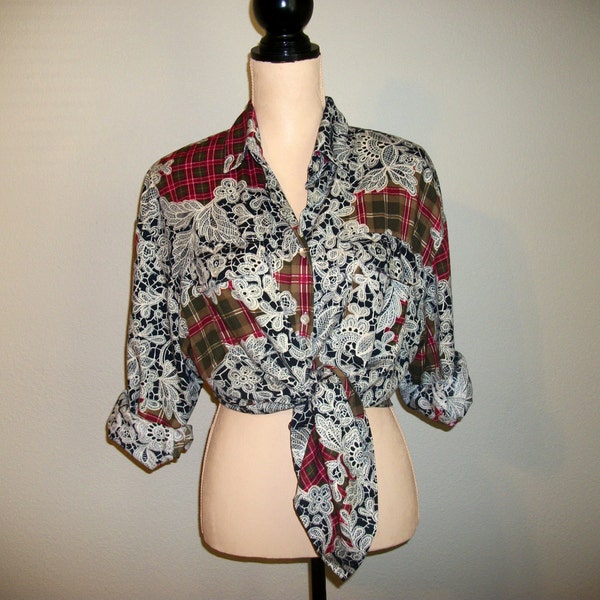 Plus Size Blouse Battenburg Lace Plaid Shirt Boho Blouse Long Sleeved Shirt Floral Secretary Womens Shirt Size Extra Large Womens Clothing